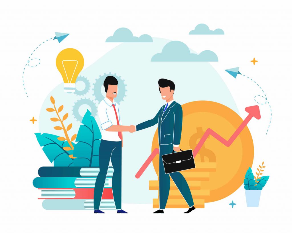 Office Situation Partnership Flat Illustration. Men Shake Hands Agreeing to Work Together. Financial Investments make Profit. Selling Ideas for Income. Cartoon Vector. Successful Businessman.