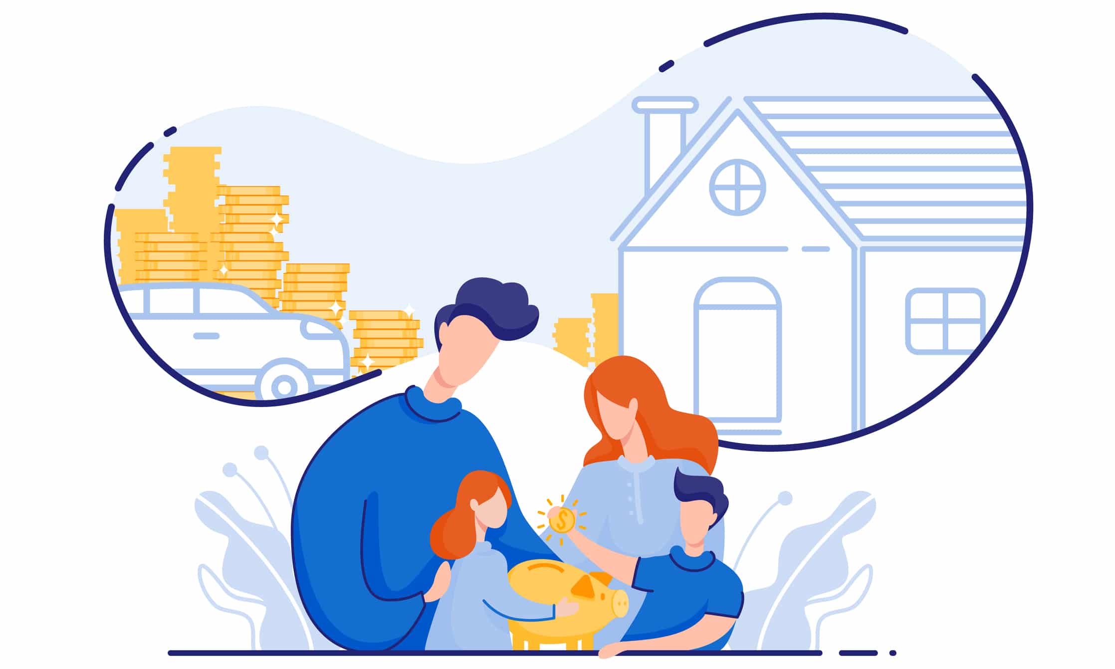 Financial asset a family with Children Saves Money Buy House and Car. From Poverty to Wealth. Achive Goal. Vector Illustration. Earn Money. Financial Stability. Cash Savings. Save Money. Toss Coins in Piggy Bank.