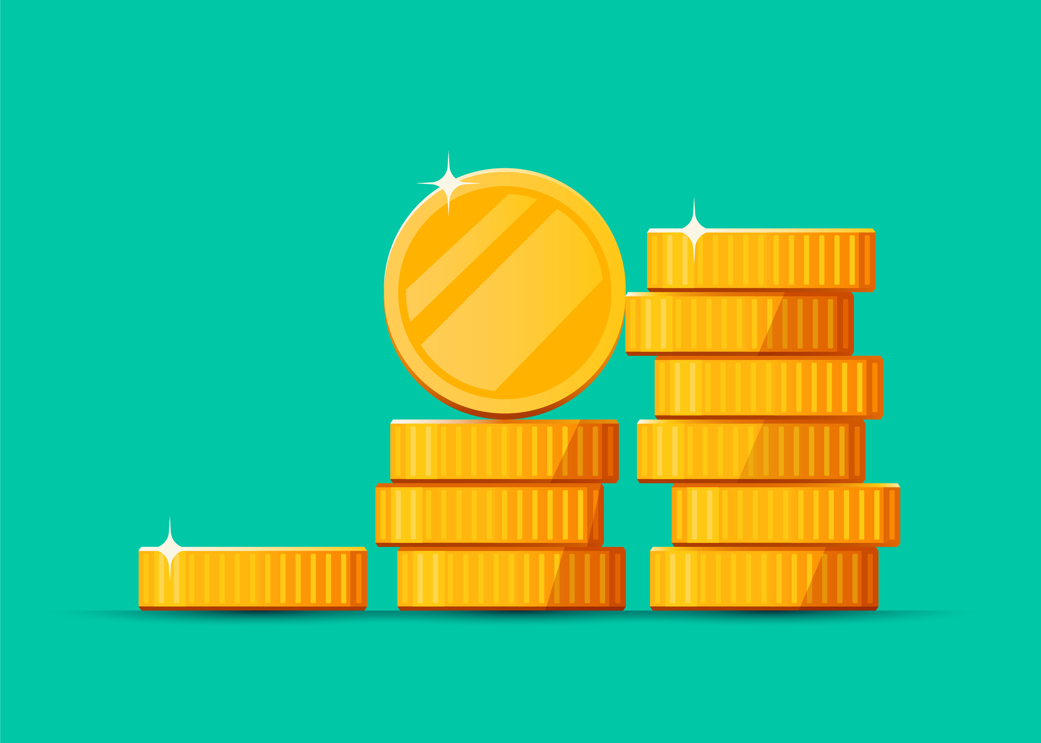 Growing stack of golden dollar coins background. Economics concept. Vector illustration